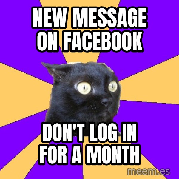 Anxiety Cat meme: NEW MESSAGE ON FACEBOOK / DON'T LOG IN FOR A MONTH