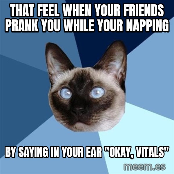 Chronic Illness Cat meme: That feel when your friends prank you while your napping / by saying in your ear "okay, vitals"
