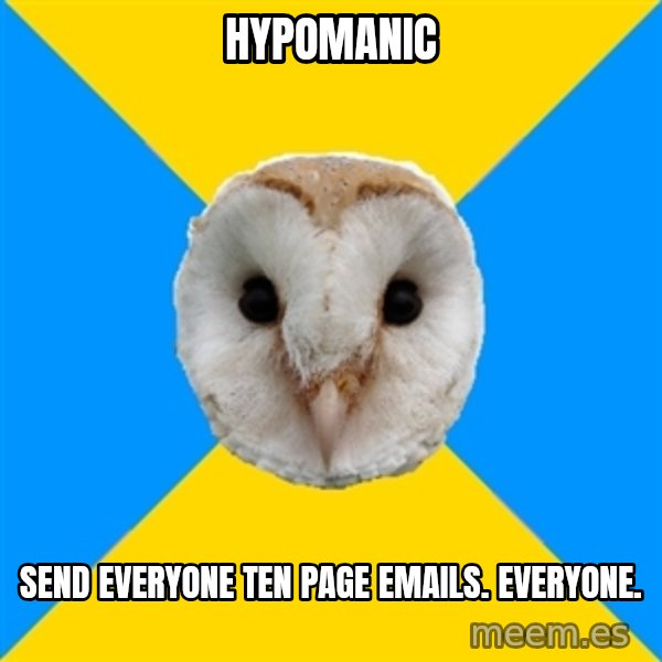 Bipolar Owl meme: Hypomanic / Send everyone ten page emails. everyone.