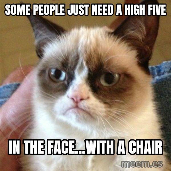Grumpy Cat  meme: some people just need a high five / in the face...with a chair