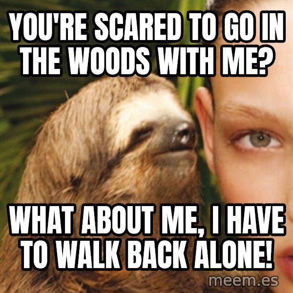 The Rape Sloth meme: You're scared to go in the woods with me? / what about me, i have to walk Back alone!