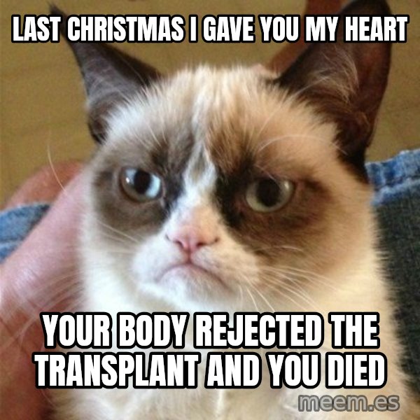Grumpy Cat  meme: LAST CHRISTMAS I GAVE YOU MY HEART / YOUR BODY REJECTED THE TRANSPLANT AND YOU DIED