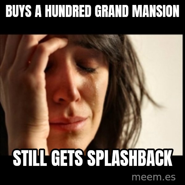 First World Problems meme: Buys a hundred grand mansion / Still gets splashback