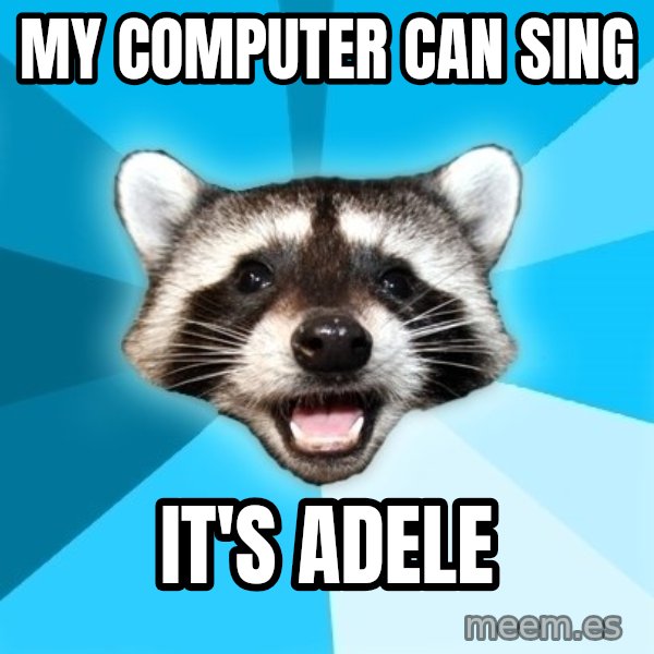 Lame Pun Coon meme: my computer can sing / it's adele
