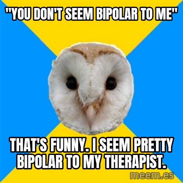 Bipolar Owl meme: "You don't seem bipolar to me" / that's funny. i seem pretty bipolar to my therapist.