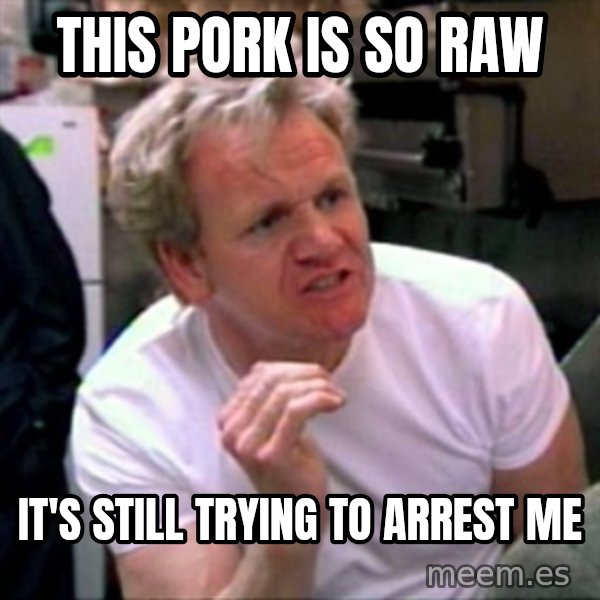 Gordon Ramsay meme: THIS PORK IS SO RAW / IT'S STILL TRYING TO ARREST ME