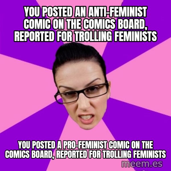 Privilege Denying Feminist meme: you posted an anti-feminist comic on the comics board, reported for trolling feminists / you posted a pro-feminist comic on the comics board, reported for trolling feminists