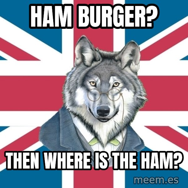 Sir Courage Wolf Esquire meme: ham burger? / then where is the ham?