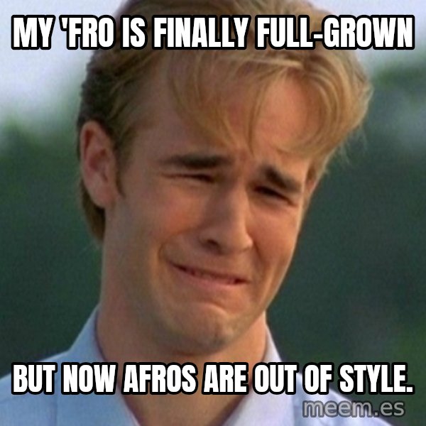 90s Problems meme: my 'fro is finally full-grown / but now afros are out of style.