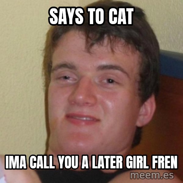 Really Stoned Guy meme: says to cat / Ima call you a later girl fren