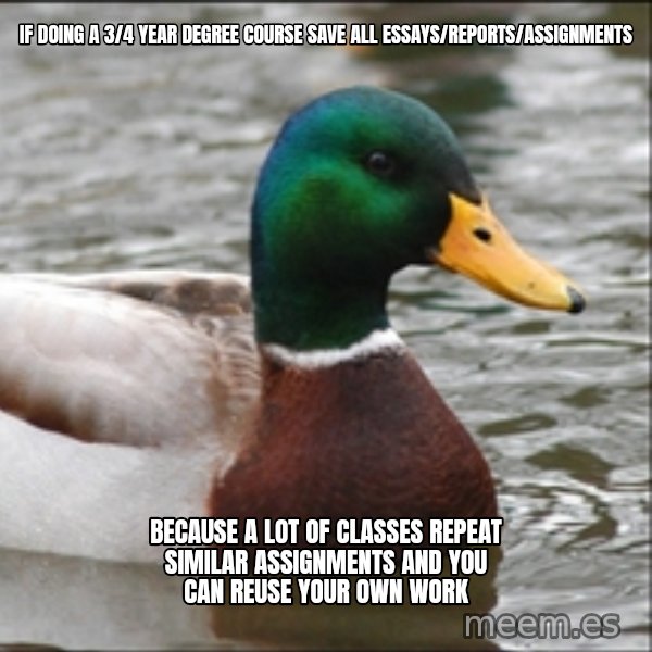 Actual Advice Mallard 1 meme: If doing a 3/4 year degree course save all essays/reports/assignments / because a lot of classes repeat similar ASSIGNMENTS and you can reuse your own work