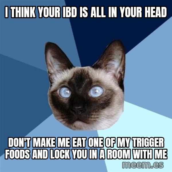 Chronic Illness Cat meme: I think your ibd is all in your head / don't make me eat one of my trigger foods and lock you in a room with me