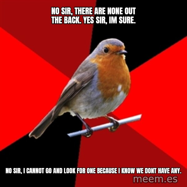 Retail Robin meme: NO SIR, THERE ARE NONE OUT THE BACK. YES SIR, IM SURE. / NO SIR, I CANNOT GO AND LOOK FOR ONE BECAUSE I KNOW WE DONT HAVE ANY.