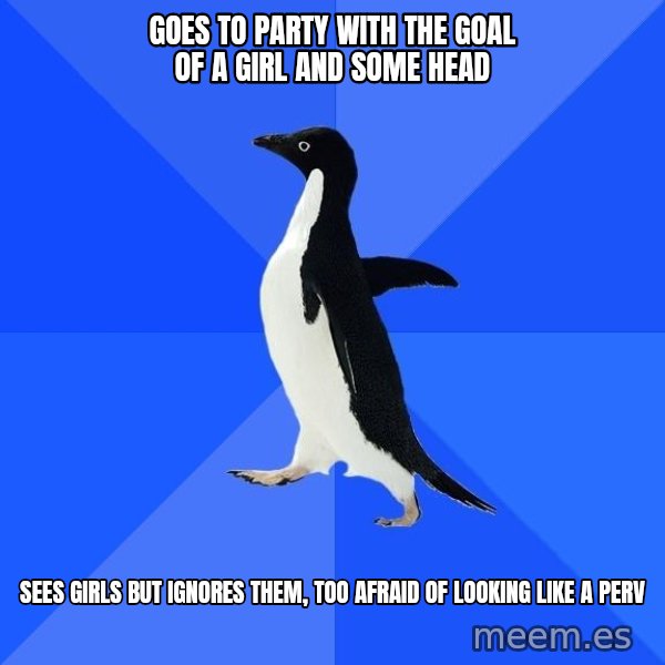 Socially Awkward Penguin meme: goes to party with the goal of a girl and some head / sees girls but ignores them, too afraid of looking like a perv