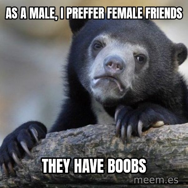 Confession Bear meme: as a male, i preffer female friends / they have boobs