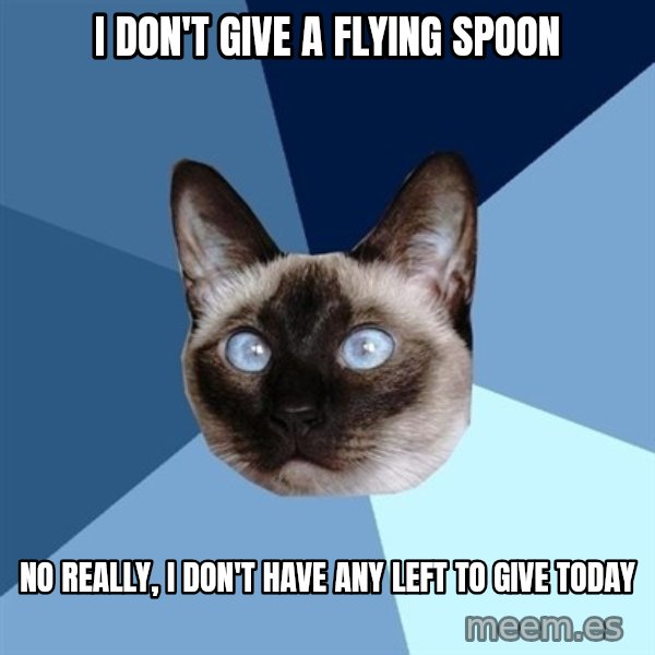 Chronic Illness Cat meme: I don't give a flying spoon / No really, I don't have any left To give today