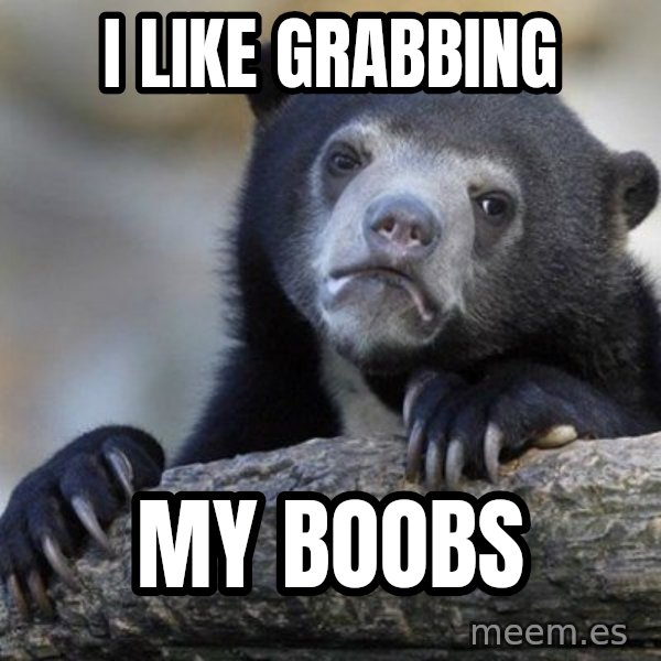 Confession Bear meme: i like grabbing / my boobs