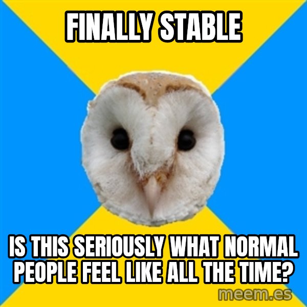 Bipolar Owl meme: finally stable / is this seriously what normal people feel like all the time?