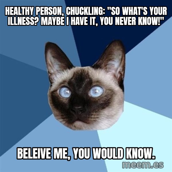 Chronic Illness Cat meme: Healthy person, chuckling: "SO what's your illness? Maybe I have it, you never know!" / Beleive me, you would know.