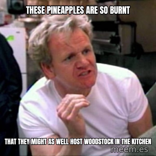 Gordon Ramsay meme: These pineapples are so burnt / that They might as well host woodstock  IN THE KITCHEN