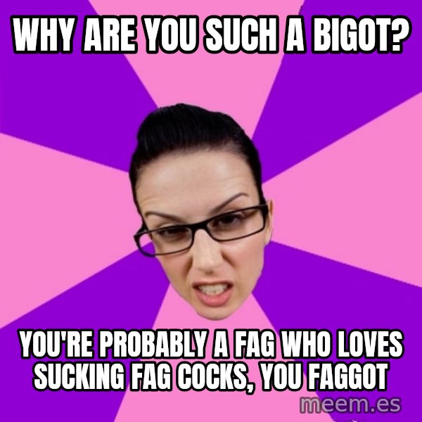 Privilege Denying Feminist meme: why are you such a bigot? / you're probably a fag who loves sucking fag cocks, you faggot