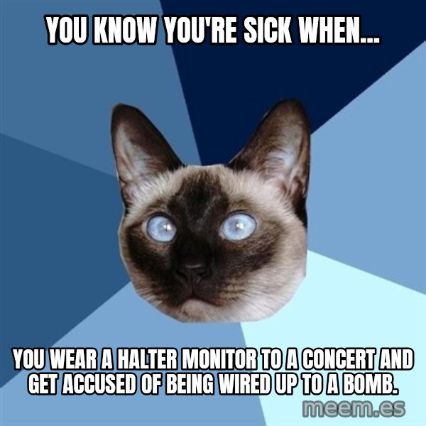 Chronic Illness Cat meme: You know you're sick when... / You wear a Halter monitor to a concert and get accused of being wired up to a bomb.