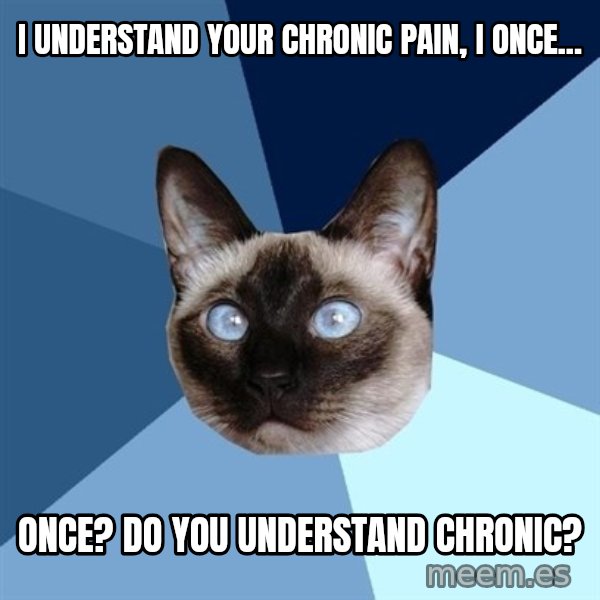 Chronic Illness Cat meme: I understand your chronic pain, I once... / Once? do you understand chronic?