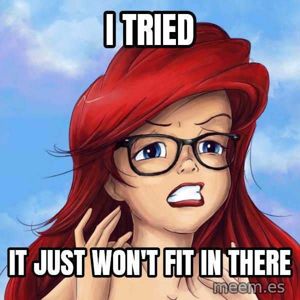 Hipster Ariel meme: i tried / it just won't fit in there