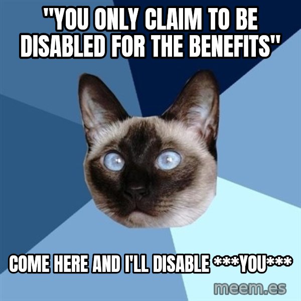 Chronic Illness Cat meme: ''You only claim to be disabled for the benefits'' / come here and i'll disable ***you***