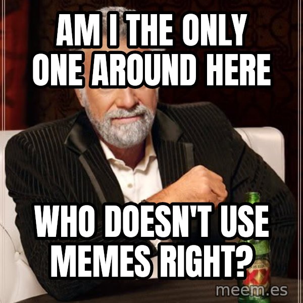 The Most Interesting Man In The World meme: Am i the only one around here / who doesn't use memes right?