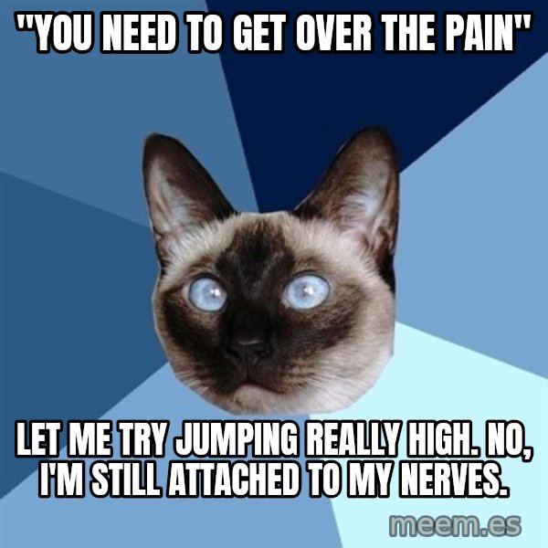 Chronic Illness Cat meme: "you need to get OVER the pain" / LET ME TRY JUMPING REALLY HIGH. NO, I'm STILL ATTACHED TO MY NERVES.