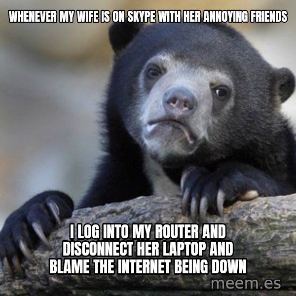 Confession Bear meme: WHENEVER MY WIFE IS ON SKYPE WITH HER ANNOYING FRIENDS / I LOG INTO MY ROUTER AND DISCONNECT HER LAPTOP AND BLAME THE INTERNET BEING DOWN