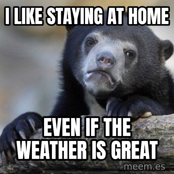 Confession Bear meme: i like staying at home / even if the weather is great