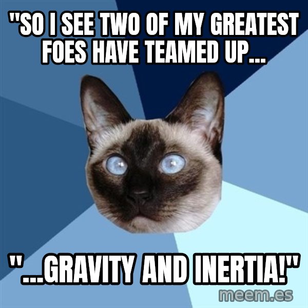 Chronic Illness Cat meme: "So i see two of my greatest foes have teamed up... / "...gravity and inertia!"