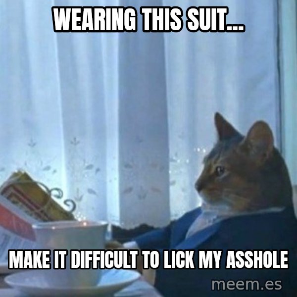 newspaper cat realization meme: Wearing this suit... / make it difficult to lick my asshole