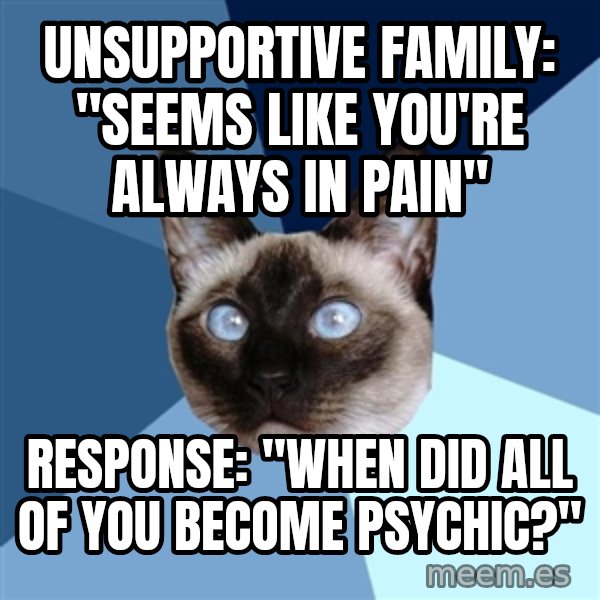 Chronic Illness Cat meme: unsupportive family: "seems like you're always in pain" / Response: "when did all of you become psychic?"