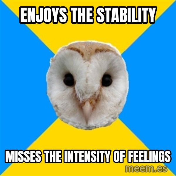 Bipolar Owl meme: Enjoys the Stability / Misses the intensity of feelings
