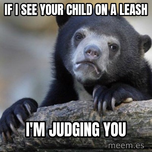 Confession Bear meme: If I see your child on a leash / I'm judging you