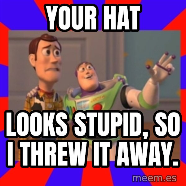 Everywhere meme: Your Hat / Looks stupid, so I threw it away.