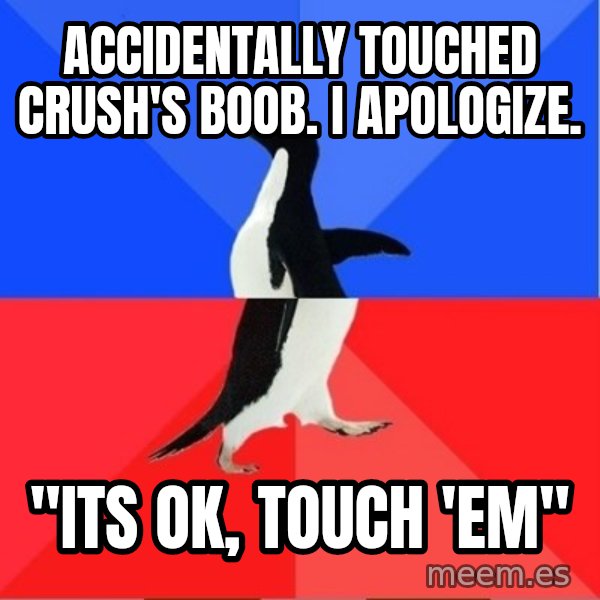 Socially Awesome Awkward Penguin meme: Accidentally touched Crush's boob.   I  apologize. / "Its ok, touch 'em"