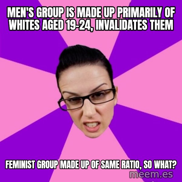 Privilege Denying Feminist meme: men's group is made up primarily of whites aged 19-24, invalidates them / feminist group made up of same ratio, so what?