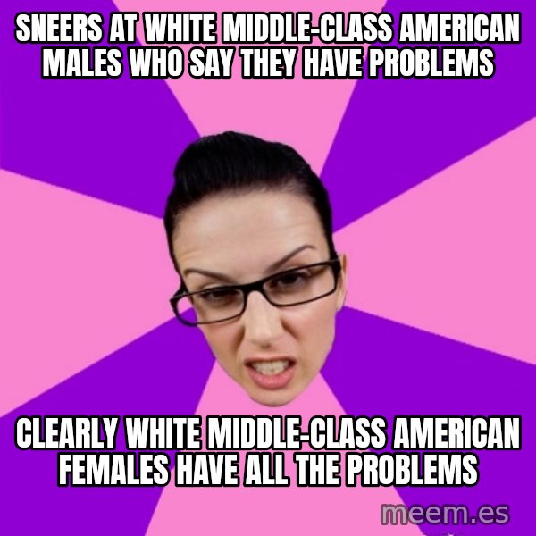 Privilege Denying Feminist meme: sneers at white middle-class american males who say they have problems / clearly white middle-class american females have all the problems