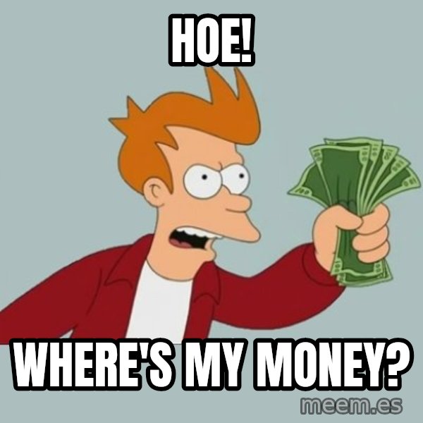 Shut Up And Take My Money Fry meme: HOE! / WHERE'S MY MONEY?