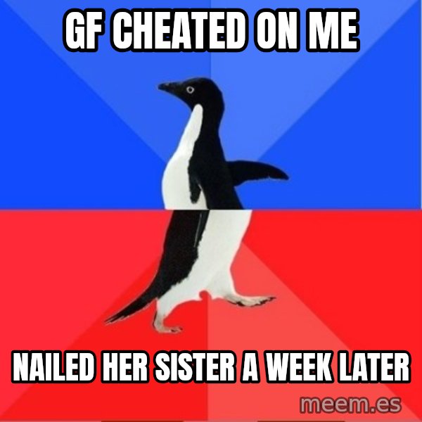 Socially Awkward to Awesome Penguin meme: Gf cheated on me / Nailed her sister a week later