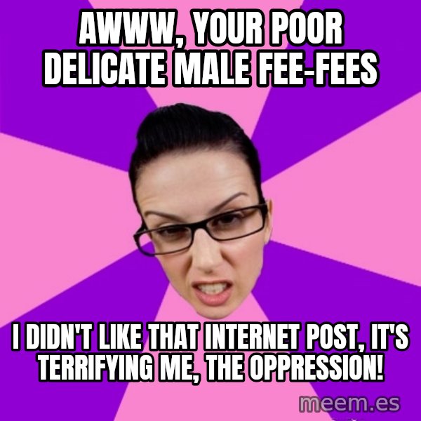 Privilege Denying Feminist meme: awww, your poor delicate male fee-fees / i didn't like that internet post, it's terrifying me, the oppression!