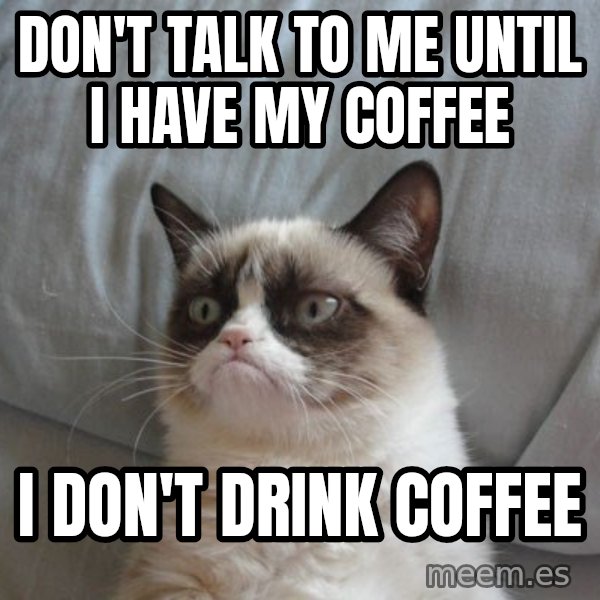 Grumpy cat good meme: DON'T TALK TO ME UNTIL I HAVE MY COFFEE / I DON'T DRINK COFFEE