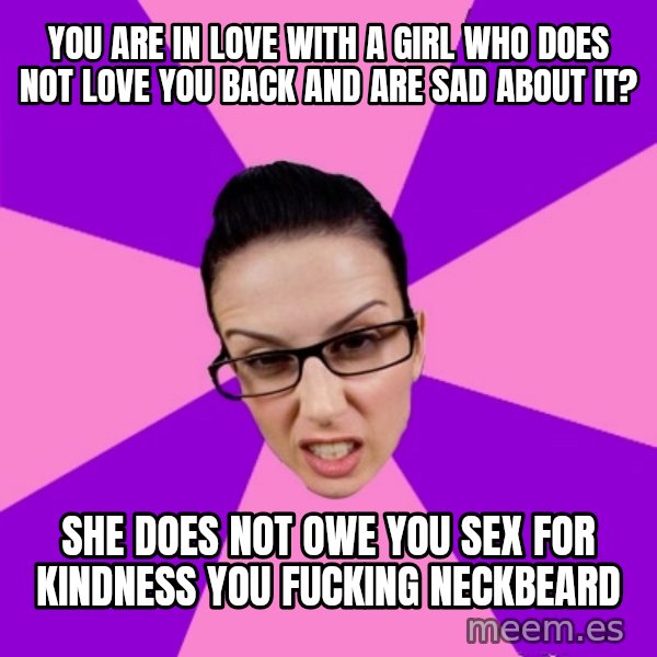 Privilege Denying Feminist meme: You are in love with a girl who does not love you back and are sad about it? / She does not owe you sex for kindness you fucking neckbeard
