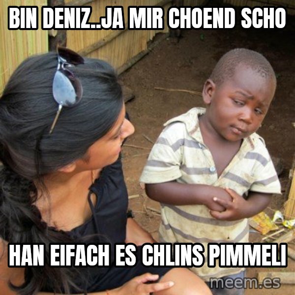 skeptical black kid meme: BIN DENIZ..JA MIR CHOEND SCHO / HAN EIFACH ES CHLINS PIMMELI