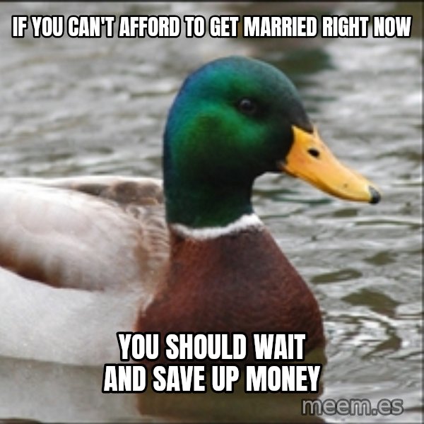 Actual Advice Mallard 1 meme: If you can't afford to get married right now / you should wait and save up money