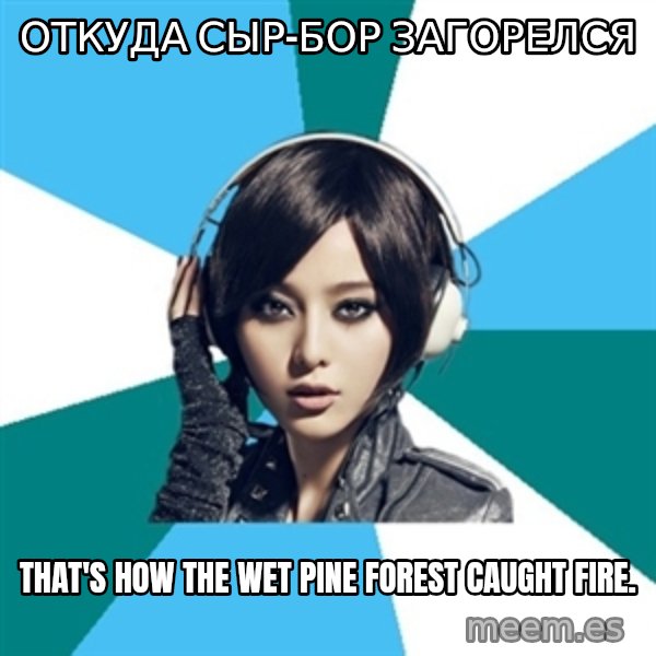 Crafty Interpreter meme: ОТКУДА СЫР-БОР ЗАГОРЕЛСЯ / That's how the wet pine forest caught fire.